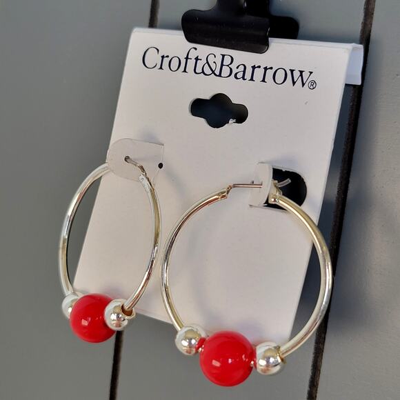 Croft & Barrow Hoop Earrings Red Beads Silver Tone Pierced, Free Gift Bag 1.5 in - Picture 3 of 7